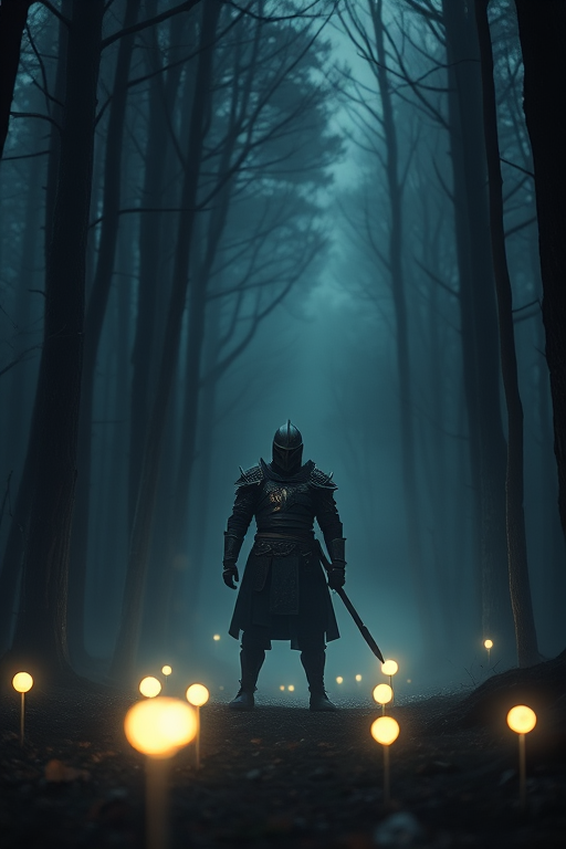 A mysterious forest scene with a lone warrior in traditional armor standing in the mist illuminated by glowing orbs, shot with a Canon EOS R5, 24mm lens, f/2.8 aperture, ISO 100, long exposure for ethereal light effects, capturing a dramatic atmosphere with soft bokeh in the background.