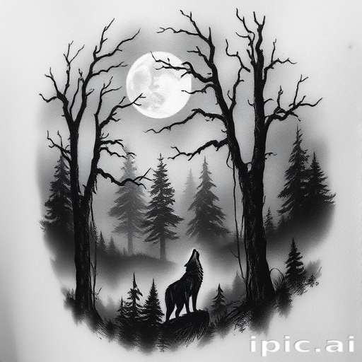 Realistic grayscale tattoo titled "Haunted Forest" depicting a misty woodland scene with gnarled trees silhouettes and a lone wolf howling at the moon in stunning detail