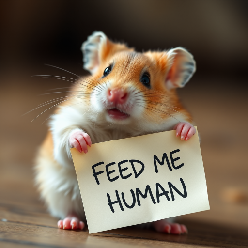 hamster holding a note which says "FEED ME HUMAN"