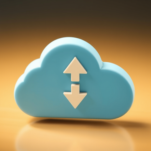 Generate a high-resolution 3D rendering of a stylized cloud graphic with upload and download arrows, using a Canon EOS R5 with a 50mm f/1.8 lens, set to aperture f/2.8, ISO 100, capturing from a slightly elevated angle with a soft focus background for artistic effect.
