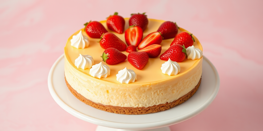Create an image of a round cheesecake with a creamy yellow filling and a graham cracker crust topped with fresh strawberries arranged in a circle and decorative whipped cream swirls around the edge on a white cake stand with a soft pink marbled background.