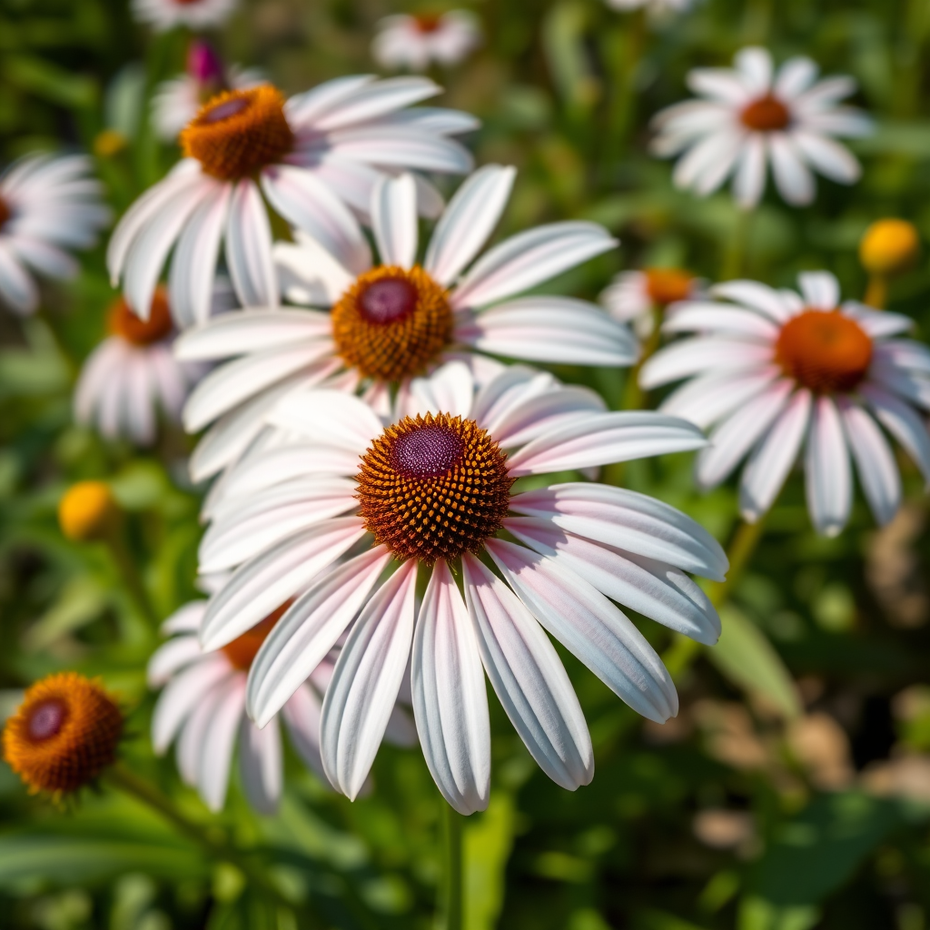 Generate a vibrant close-up image of white echinacea flowers with green leaves in a sunny garden setting, shot with a Canon EOS 90D, 50mm lens, aperture f/2.8, shutter speed 1/200, ISO 100, in natural light for a bright and clear focus.