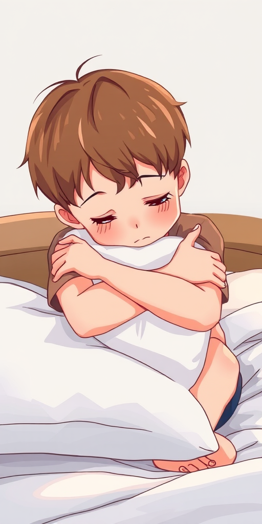 create an illustration of a young boy with short brown hair sitting on a bed with his arms wrapped around a pillow, looking down in a thoughtful pose, use a soft color palette, ensure clean line art, apply a shallow depth of field for focus, shot from a slightly elevated angle, use a digital art style to enhance clarity and detail