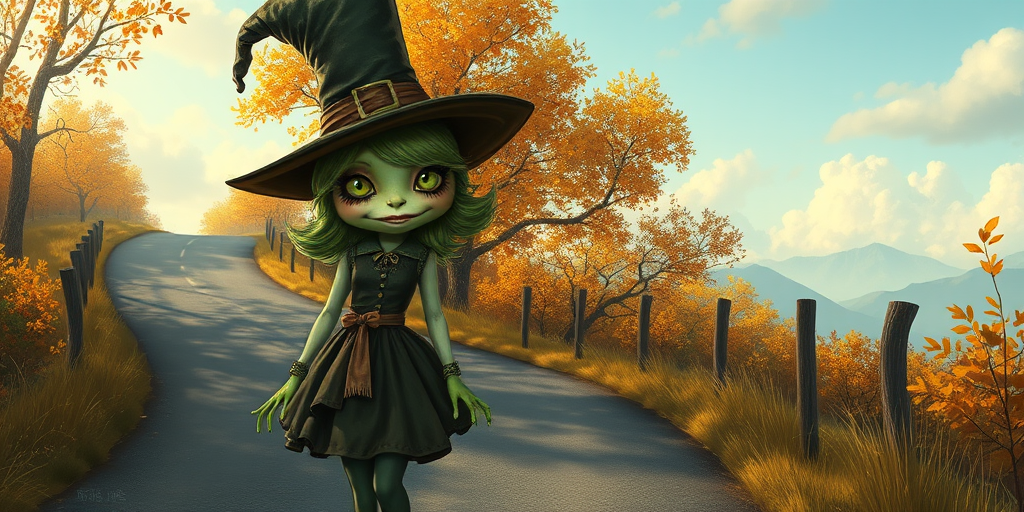 digital art fantasy depicting a strange girl with green hair, long eyelashes, green lipstick and a tall hat walking along a winding road on an autumn afternoon, an Frog smiles as she passes