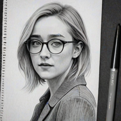 Gorgeous Saoirse Ronan, pencil sketch, portrait of Appealing woman 1963s in glasses, hair style beatnik, outline, clear lines, fine lines, 8k