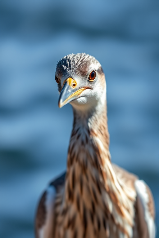 Capture a close-up of a bird by the water, with a shallow depth of field, f/4 aperture, 1/2000 shutter speed, ISO 100, in natural light on a DSLR camera using a telephoto lens, highlighting the details of the feathers against a blurred blue background.