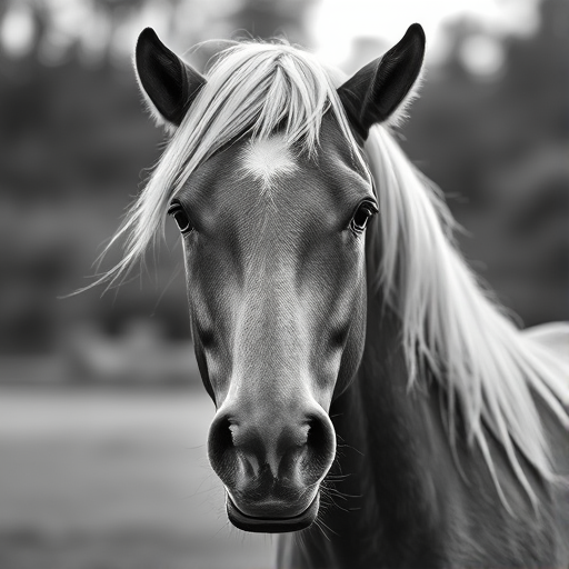Generate an artistic gray-scale portrait of a horse, capturing the intricate details of its face and mane, using a full-frame DSLR camera with a 50mm lens, aperture f/1.8, ISO 100, natural lighting, shallow depth of field for a soft background blur, in a painterly style.