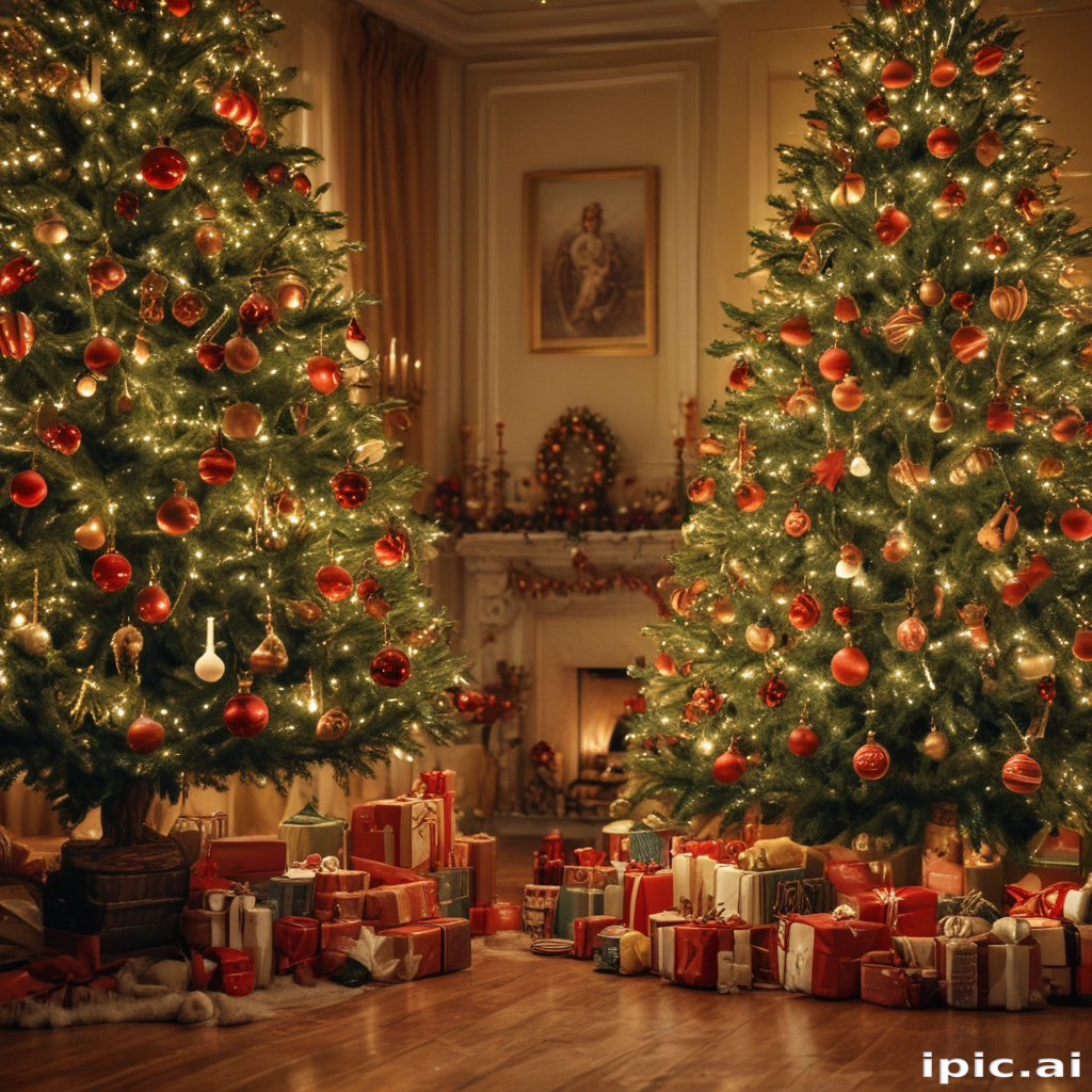 Cozy Christmas Scene with Decorated Trees and Gifts by the Fireplace