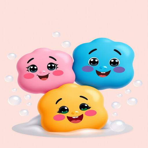 Create a vibrant illustration of three cartoon soaps with facial expressions, one pink, one blue, and one orange, surrounded by bubbles, in a soft pastel background, shot with a DSLR camera at f/5.6, ISO 200, 35mm focal length, with a slight overhead angle and a bright, even lighting setup.