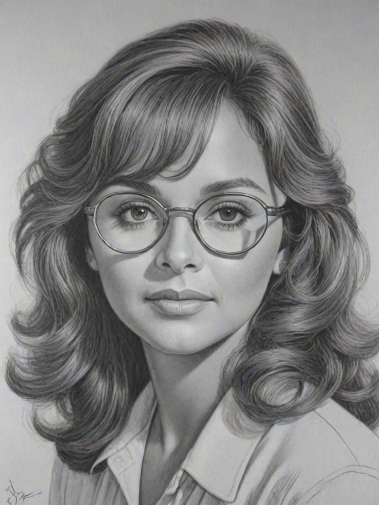 Exquisite Dawn Wells, pencil sketch, portrait of Lovely woman 1924s in glasses, hair style beatnik, outline, clear lines, fine lines, 8k