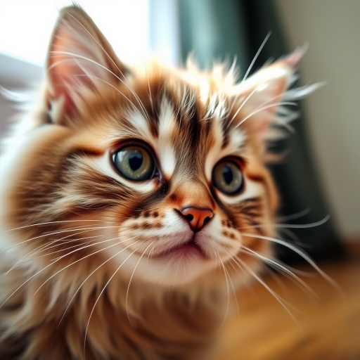 A close-up view of a fluffy cat's face with detailed fur texture and expressive eyes, captured using a DSLR camera with a 50mm lens at f/1.8, ISO 200, in soft natural light, with a shallow depth of field to blur the background and enhance the subject's features.