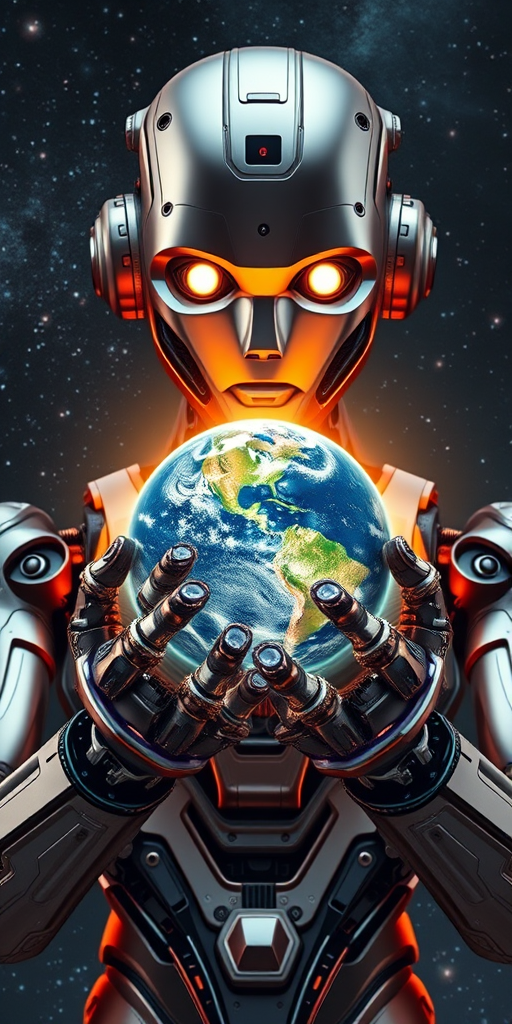 Create a hyper-realistic image of a futuristic humanoid robot with intricate metallic details, holding a glowing Earth in its hands, set against a cosmic background filled with stars and celestial bodies, using a DSLR camera, 50mm lens, aperture f/1.8, ISO 200, focus on the robot's face, vibrant colors, and high dynamic range.