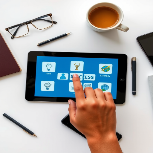 Create a top-down view of a workspace featuring a tablet displaying icons for idea, planning, strategy, and success with a hand pointing at the screen, a cup of coffee, eyeglasses, a pen, a smartphone, and a USB drive, captured with a DSLR camera at f/4, 1/125s, ISO 200, natural light, focusing on vibrant colors and sharp details.