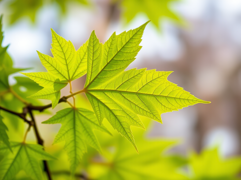 Capture high-resolution close-up images of vibrant green maple leaves with a soft focus background, using a DSLR camera, 50mm lens, aperture f/2.8, ISO 100, and shutter speed 1/250 sec to enhance detail and contrast in natural lighting.