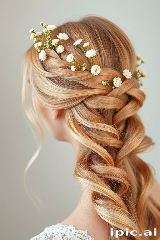 Romantic Rose Gold Braided Crown adorned with delicate baby's breath flowers, soft pastel pink tones melting into warm peach hues, creating an enchanting and feminine hairstyle