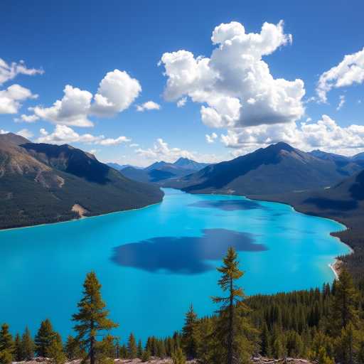 capture a serene landscape of a turquoise lake surrounded by mountains under a clear blue sky with fluffy clouds using a DSLR camera, 24mm lens, f/8 aperture, ISO 200, 1/200s shutter speed for enhanced clarity and depth