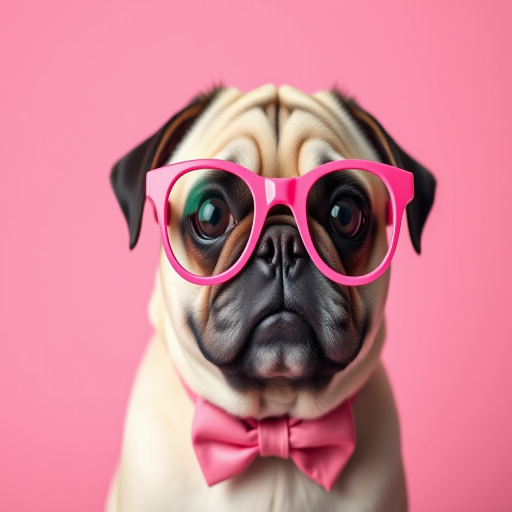 A pug dog wearing pink glasses and a pink bowtie, posed in front of a solid pink background, captured with a DSLR camera at f/2.8 aperture, 1/125 sec shutter speed, ISO 100, and a 50mm lens for a soft focus effect and enhanced image quality.