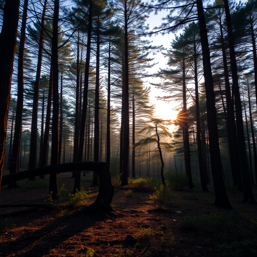 Create a high-resolution image of a tranquil forest scene during golden hour, with soft sunlight filtering through the trees, using a DSLR camera with a 50mm lens, aperture set to f/2.8, ISO 100, and a shutter speed of 1/200 seconds, capturing a slightly elevated angle for a panoramic view.