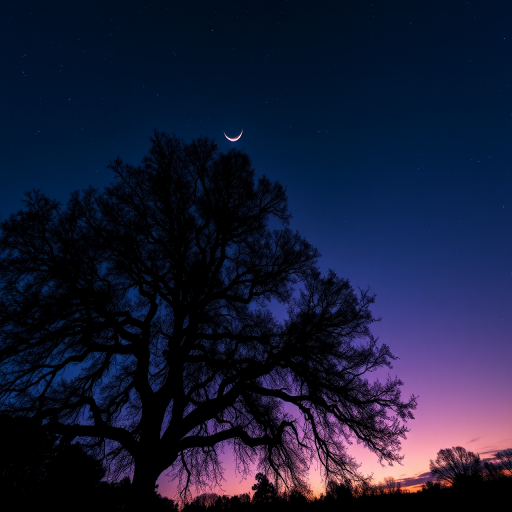 Generate a digital artwork of a silhouetted tree against a twilight sky with stars and a crescent moon, using a DSLR camera, f/8 aperture, 25mm lens, ISO 100, and a long exposure of 30 seconds for enhanced detail and color.