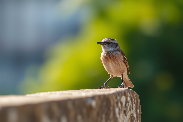 A small bird perched on a stone ledge, with a soft focus background, natural lighting, macro lens, aperture f/2.8, ISO 100, shutter speed 1/500s, taken with a DSLR camera.