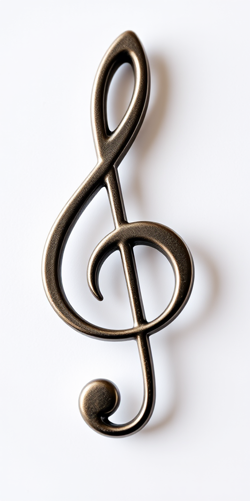 Create a high-resolution image of a treble clef symbol against a white background, using a DSLR camera at f/4 aperture, 1/125 sec shutter speed, ISO 100, in a macro view to capture fine details.