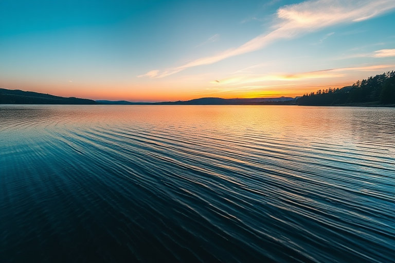 Create a high-resolution landscape photo of a serene lake at sunrise with soft reflections on the water, use a DSLR camera with a 24mm lens, aperture set to f/8, ISO 100, and a shutter speed of 1/125 seconds, capturing a wide-angle view with vibrant colors and natural lighting.
