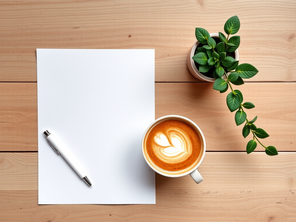 Create a flat lay composition featuring a blank sheet of paper, a white pen, a small potted plant, and a cup of coffee with latte art, using a DSLR camera at 50mm, f/2.8 aperture, ISO 200, natural lighting, and a slight overhead angle to enhance image quality.