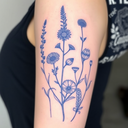 Fine line tattoo named "Botanical Blueprint" showcasing highly detailed scientific illustrations of various plant species in a delicate monochrome blue ink