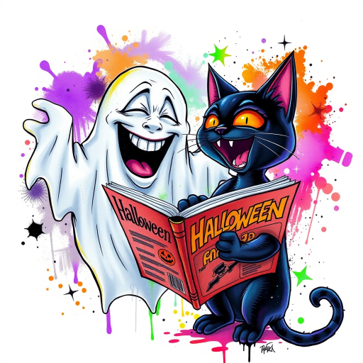 Image of a ghost and a black cat laughing exaggeratedly , and reading a comic halloween comic book, alcohol ink airbrush style, funny halloween theme, white background with neon purple, neon orange, neon green splash, black sparkles stars , dazzling BG