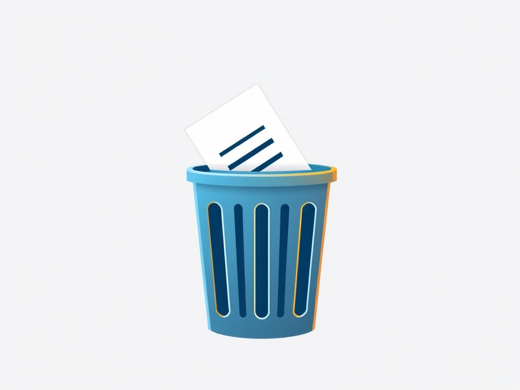 Create a high-resolution graphic of a trash can icon with a document being discarded, using a Canon EOS 5D Mark IV with a 50mm lens, aperture set to f/4, ISO 100, shot from a straight-on view, in vector style for crisp edges and vibrant colors.