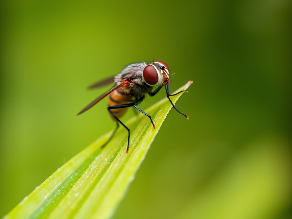 macro shot of a fly perched on a blade of grass with a shallow depth of field, ISO 100, f/2.8, shutter speed 1/200s, shot from a low angle with a DSLR camera using a 100mm macro lens, natural lighting to enhance details and texture