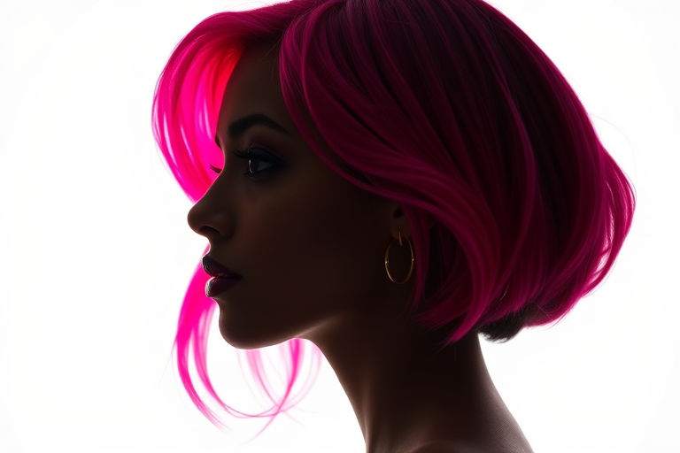 Generate a high-contrast silhouette of a woman with vibrant pink and black hair against a plain white background using a Canon EOS R5 at 50mm, f/1.8, ISO 100, with dramatic side lighting and a soft-focus background effect.