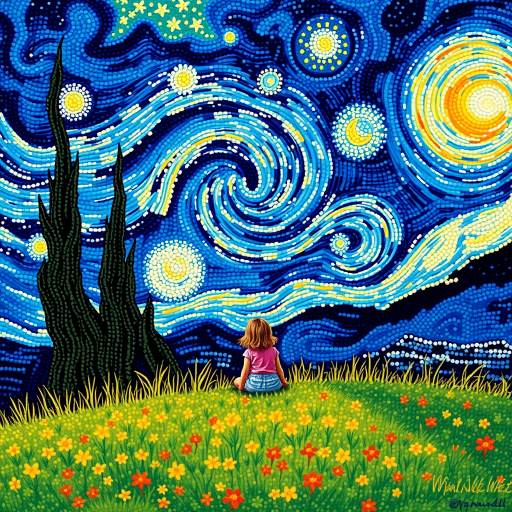 A young girl sitting on a grassy hill, looking up at the starry night sky painted in the style of Vincent Van Gogh's famous "Starry Night". The entire image is composed of tiny dots, giving it a dreamlike and illusionary quality. The girl is surrounded by vibrant colors and swirls in the sky, with stars twinkling above her