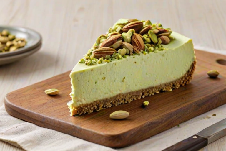 Generate an image of a slice of pistachio cheesecake on a wooden platter. The cheesecake should have a creamy, light green filling with a smooth texture, topped with whipped cream and sprinkled with chopped pistachios. The crust should appear golden and crumbly, and the background should be softly blurred to emphasize the dessert.