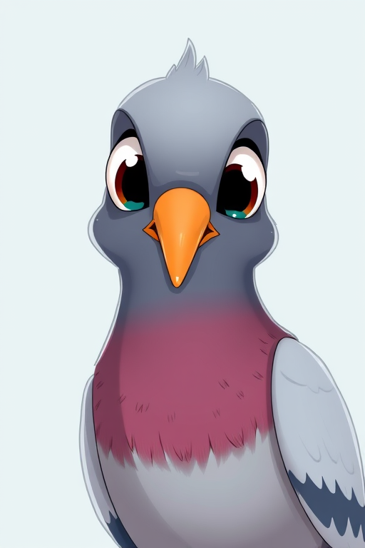 Create a detailed cartoon-style illustration of a pigeon with large expressive eyes, vibrant colors, and a smooth, shiny texture, using a DSLR camera with a 50mm lens, aperture set at f/4, ISO 100, shot from a low angle to emphasize its features and create a clean, blurred background.