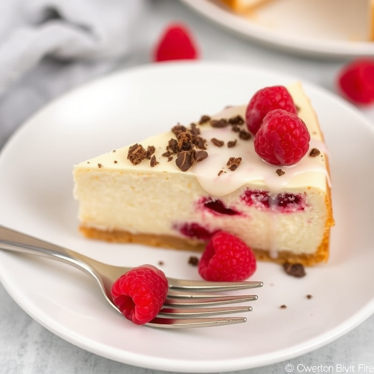 A slice of raspberry cheesecake on a white plate with a fork beside it topped with crumbled chocolate and drizzled with icing, garnished with fresh raspberries.