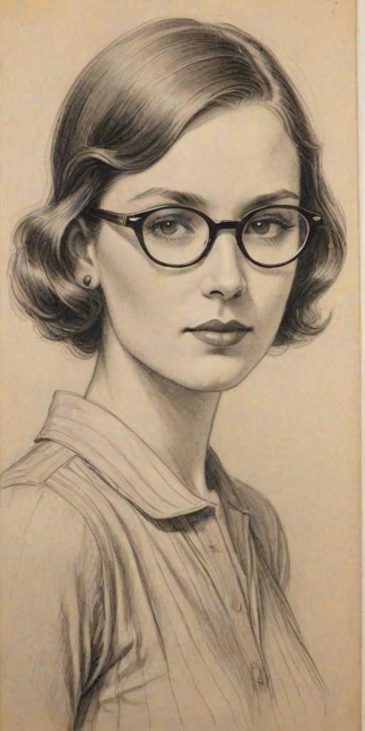 Attractive Virginia Roberts, pencil sketch, portrait of Comely woman 1928s in glasses, hair style beatnik, outline, clear lines, fine lines, 8k