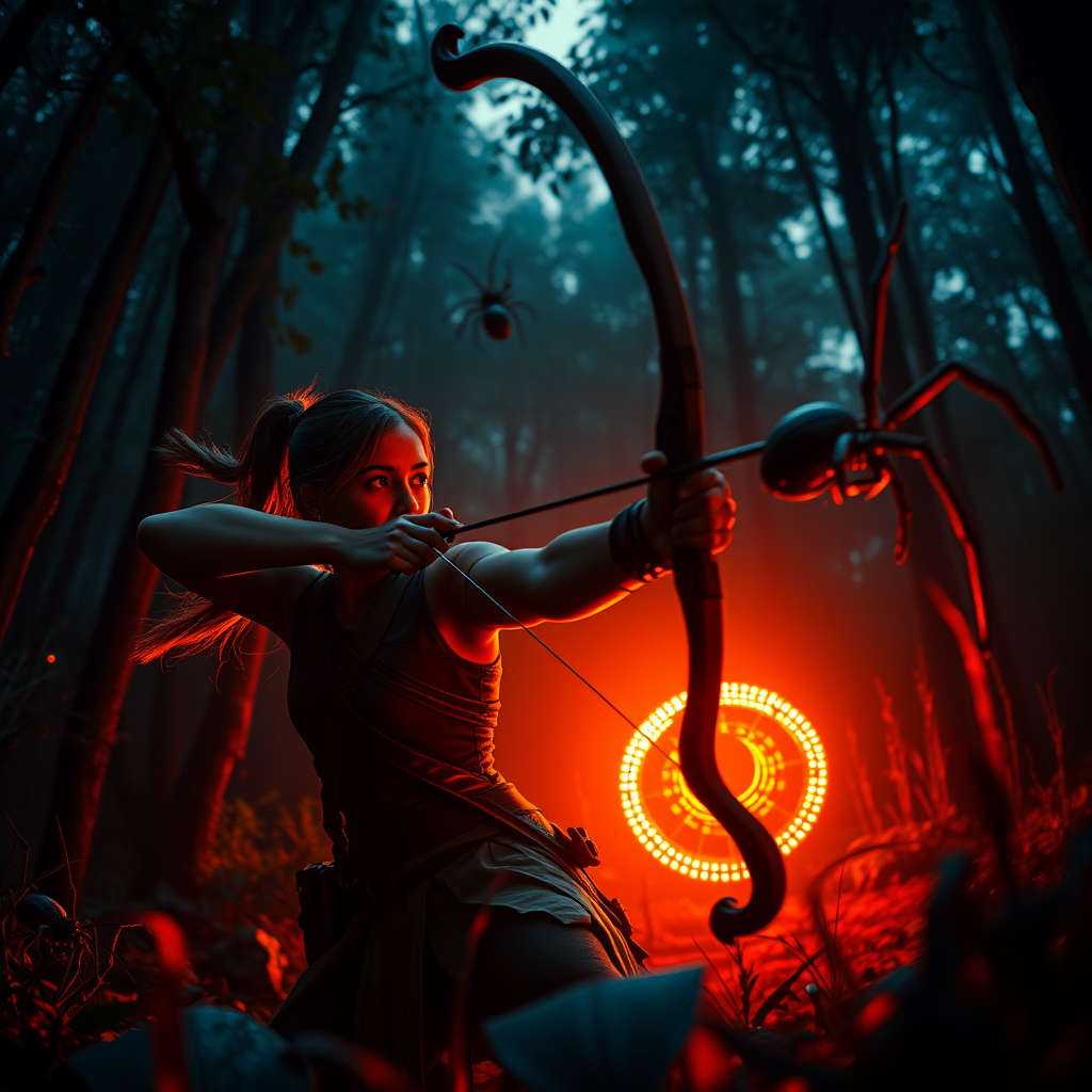Create a hyper-realistic image of a female archer aiming with a bow in a dark forest illuminated by an orange glowing light, with giant spiders lurking in the background, using a Canon EOS R5, 50mm lens, f/1.8 aperture, ISO 100, 1/200 second shutter speed, low-angle view, and dramatic lighting for enhanced depth and contrast.