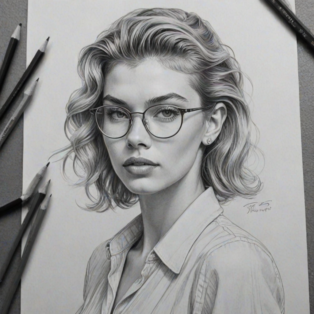 Stunning Stella Maxwell, pencil sketch, portrait of Wonderful woman 1934s in glasses, hair style beatnik, outline, clear lines, fine lines, 8k