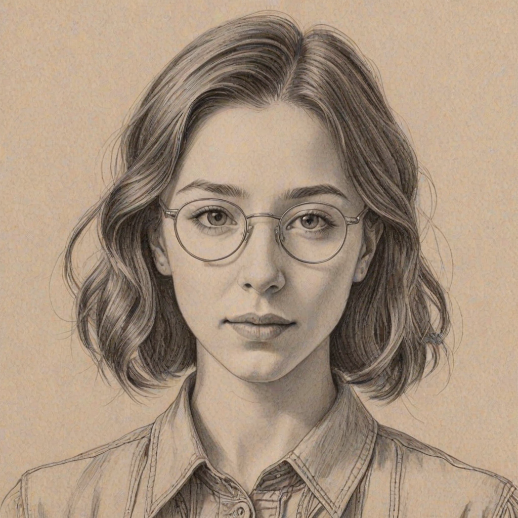 Resplendent Katelyn Nacon, pencil sketch, portrait of Magnificent woman 1929s in glasses, hair style beatnik, outline, clear lines, fine lines, 8k