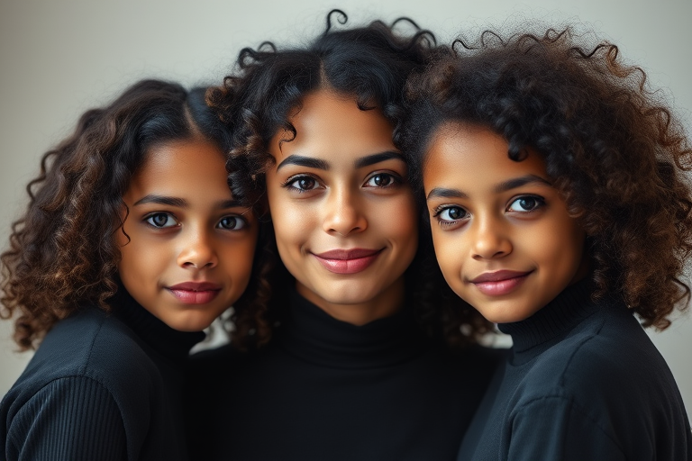 Generate a portrait of a woman and two girls with curly hair, all dressed in black clothing, captured in soft natural light with a 50mm lens, f/1.8 aperture, shallow depth of field, using a DSLR camera, focus on their facial expressions and skin tones.