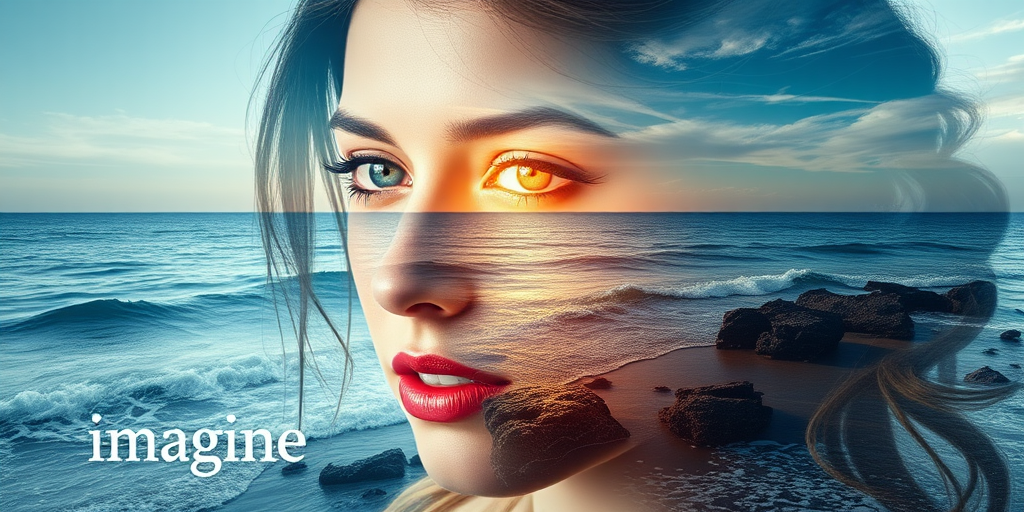 imagine Book cover, A surreal double exposure portrait that blends a woman's face with a beautiful seascape. The overall mood is dreamy and mystical, with rich colors and intricate details