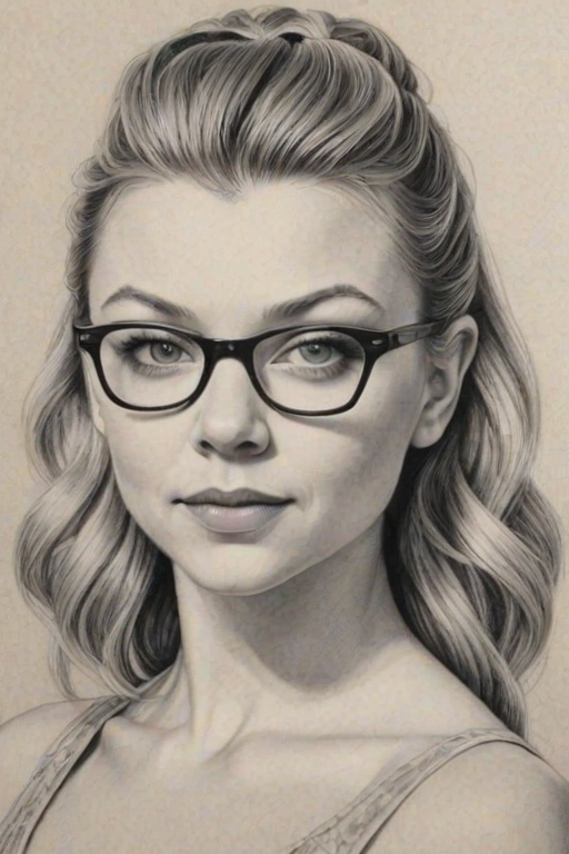 Pleasing Natalie Dormer, pencil sketch, portrait of Enchanting woman 1948s in glasses, hair style beatnik, outline, clear lines, fine lines, 8k