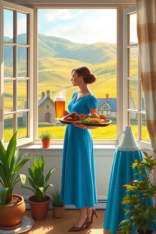 In "A Glass of Beer on the Highland," a serene scene is depicted in a sunlit room where a woman in a vibrant blue dress stands by a large window. She holds a tray with a hearty meal and a frothy glass of beer, embodying a moment of relaxation. Outside, the breathtaking highland landscape features rolling green hills and a charming traditional house, all bathed in warm afternoon light. The interior is adorned with potted plants, creating a harmonious blend of comfort and nature. The painting beautifully captures the tranquility and joy found in simple pleasures amidst stunning scenery