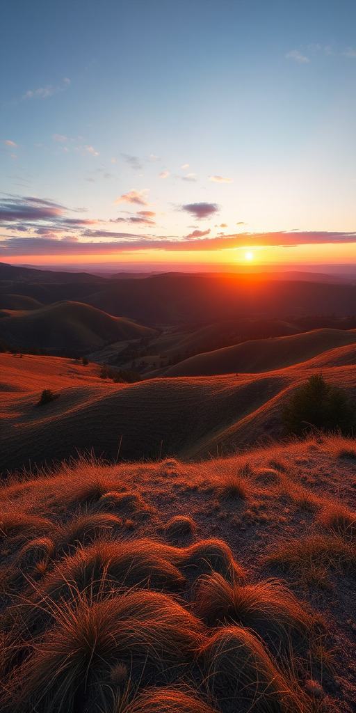 Create a high-resolution image of a serene landscape featuring rolling hills and a sunset, using a DSLR camera, 50mm lens, f/8 aperture, ISO 100, and a shallow depth of field to enhance color and clarity.