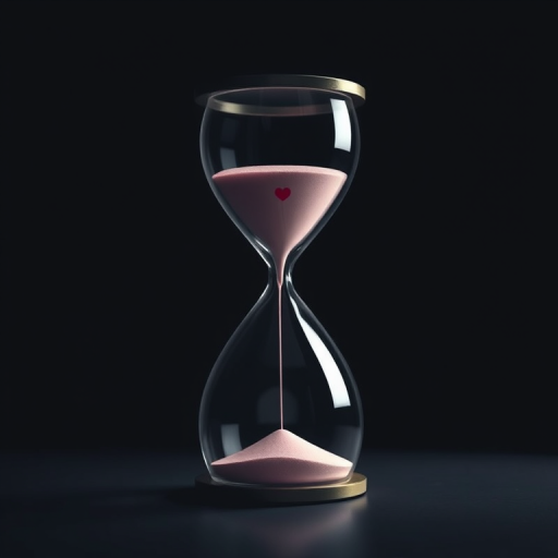 Create a minimalist illustration of an hourglass with a red heart shape in the center, using soft, diffused lighting to highlight the curves of the design, shot with a DSLR camera at aperture f/5.6, ISO 100, and a focal length of 50mm, in a low-angle view to emphasize the hourglass against a dark background.
