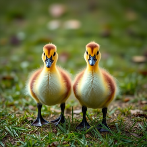 photograph of two ducklings standing on grass, shallow depth of field, soft natural lighting, focus on the ducklings, ISO 200, f/2.8, 1/500 sec, 50mm lens, DSLR camera, taken at eye level