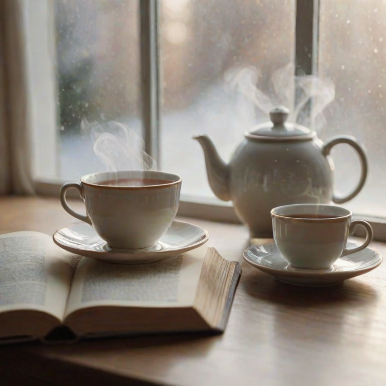 Close-up of a steaming cup of tea on a windowsill, soft natural light illuminating the delicate porcelain, with a teapot and an open book softly blurred in the background.