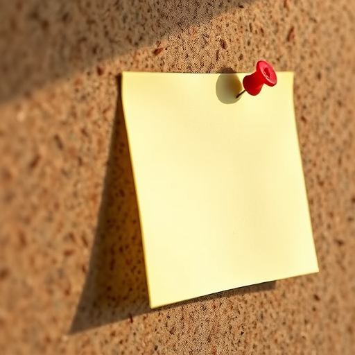 create a realistic sticky note on a corkboard with a red pushpin, natural lighting, ISO 200, f/4 aperture, 50mm lens, shallow depth of field, close-up view, DSLR camera