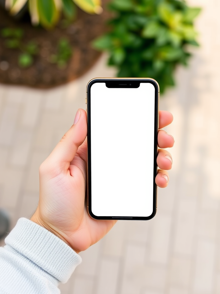 Create an image of a hand holding a smartphone with a blank screen, captured from a top-down perspective, using a DSLR camera with a 50mm lens, aperture at f/2.8, ISO 100, and natural lighting to enhance details and clarity.